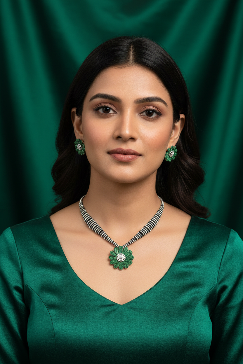 Lifestyle shot — model wearing black bead and AD emerald green daisy pendant necklace set
