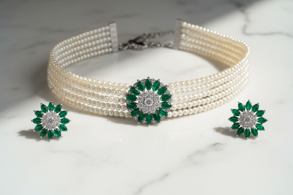 Flat lay of 3-strand seed pearl choker with emerald floral AD centrepiece and earrings on white marble