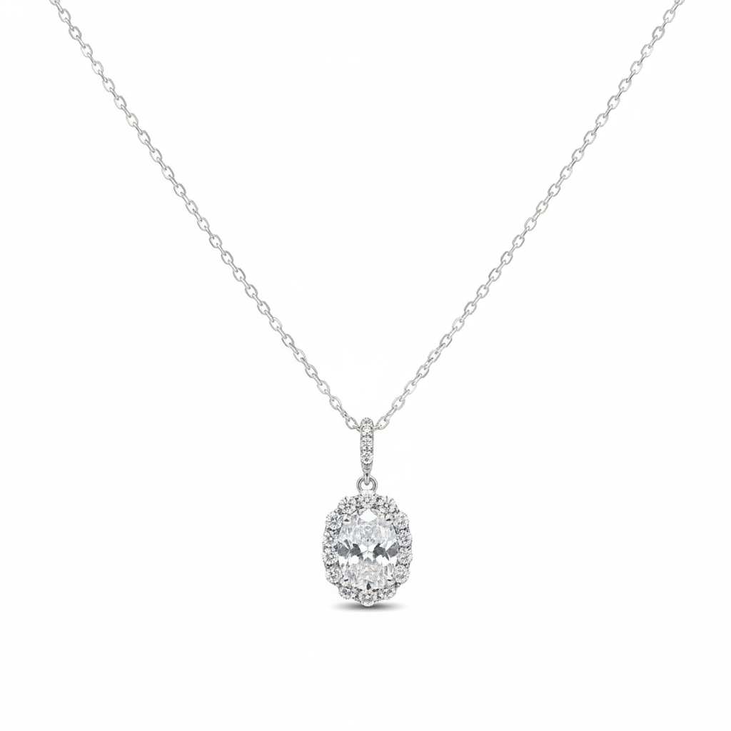 White CZ Oval Halo Chain Pendant - Studio White Background