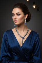 Lifestyle shot — model wearing AD sapphire and emerald spiral shell necklace set