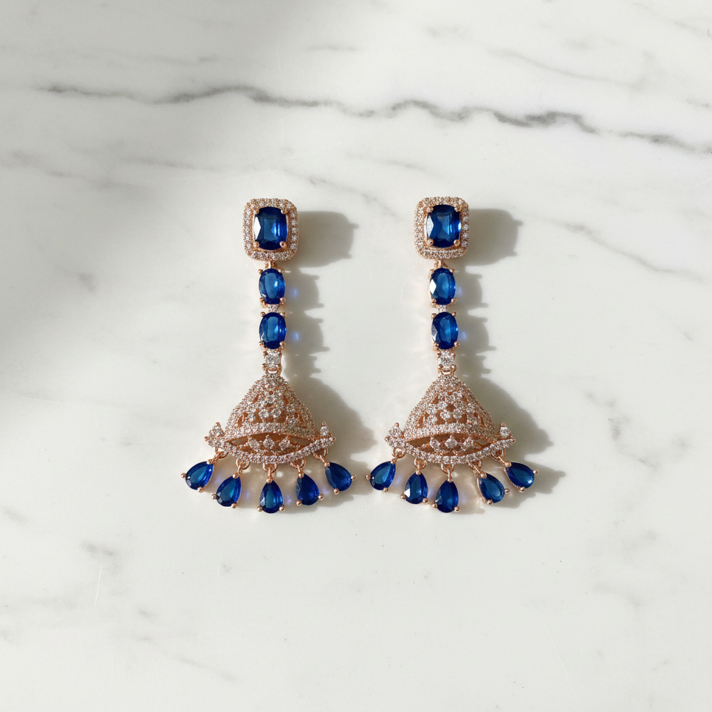 Rose Gold AD Sapphire Blue CZ Jhumka Drop Earrings - Studio Promotional Shot