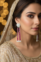 Silver AD Ruby Red Twin Column Drop Earrings - Bridal Lifestyle Editorial
