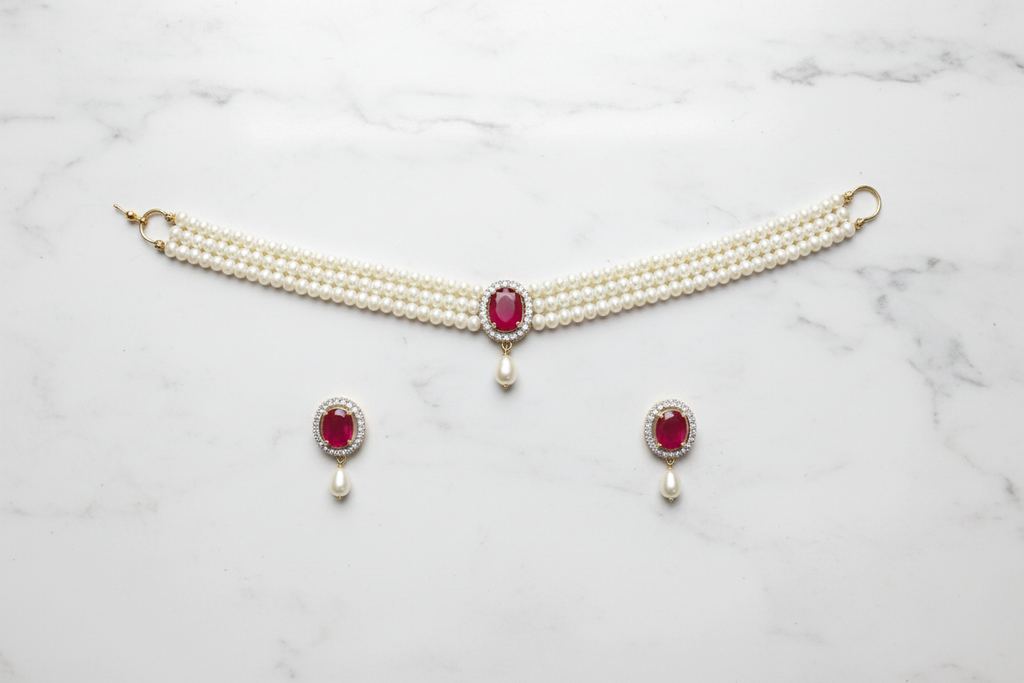 Flat lay of 2-strand seed pearl choker with ruby oval AD pendant and earrings on white marble