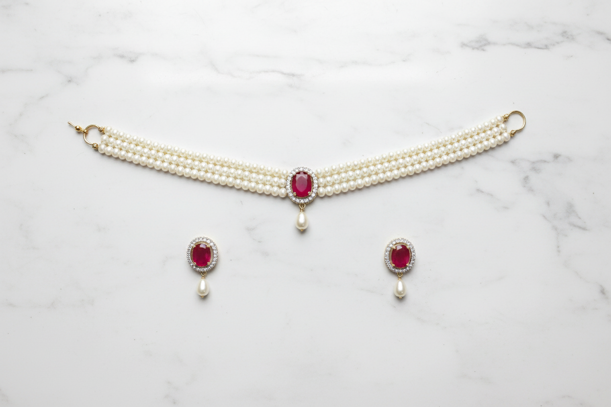 Flat lay of 2-strand seed pearl choker with ruby oval AD pendant and earrings on white marble