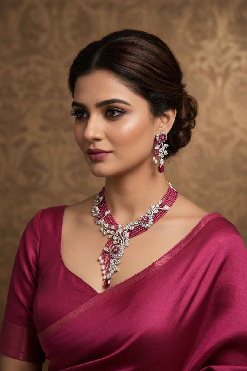 Bridal lifestyle — model wearing ruby pink bead AD floral vine Y-necklace set