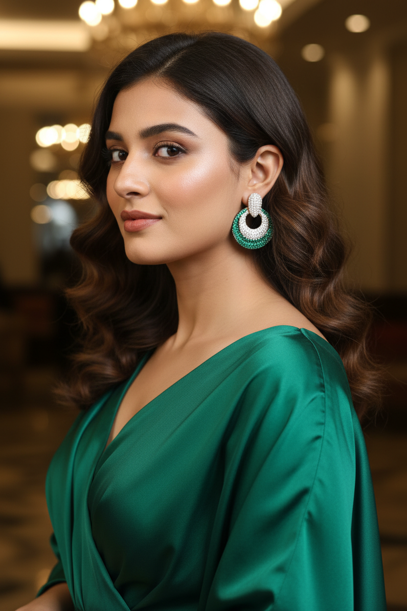 Emerald Green CZ Open Circle Earrings – lifestyle editorial evening look