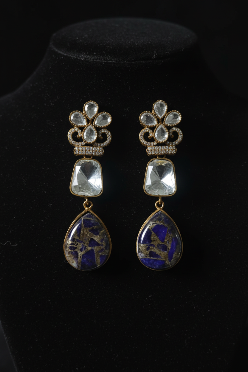Polki Crown Lapis Mosaic Drop Earrings – dark velvet luxury editorial promotional image