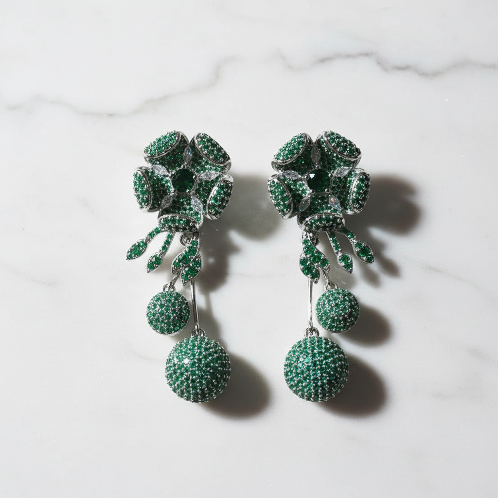 Emerald Bloom Crystal Drop Earrings - flat lay promotional