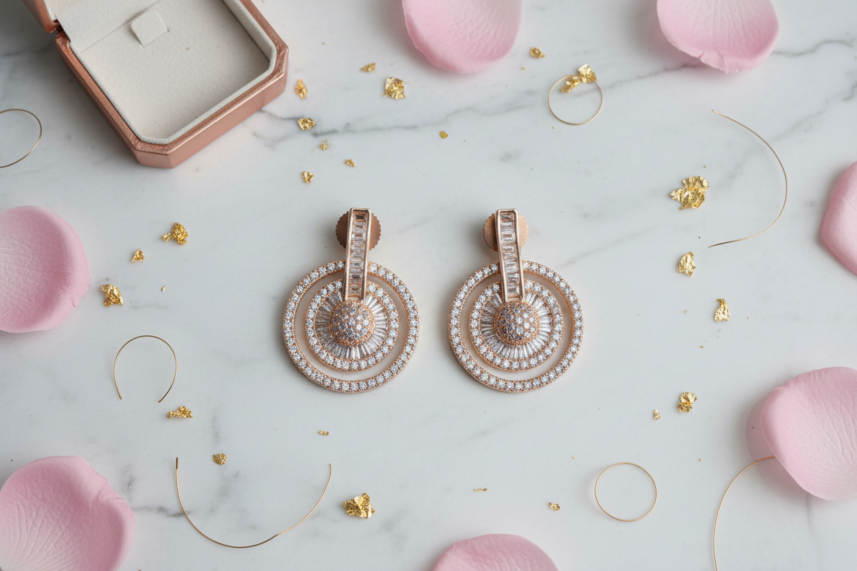 Rose gold diamond halo circle drop earrings flat lay on white marble with rose petals