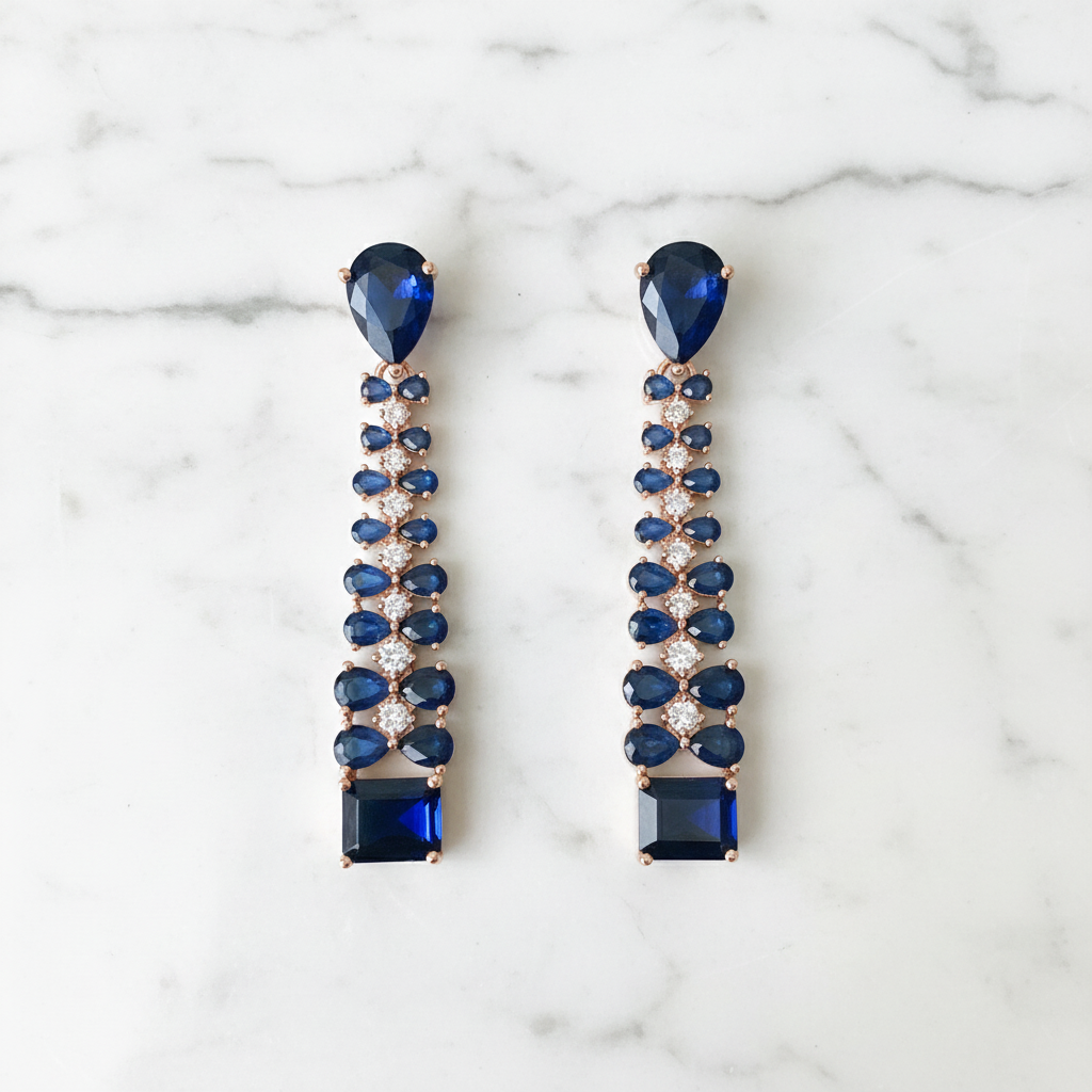 Rose Gold AD Sapphire Blue CZ Ladder Drop Earrings - Studio Promotional Shot