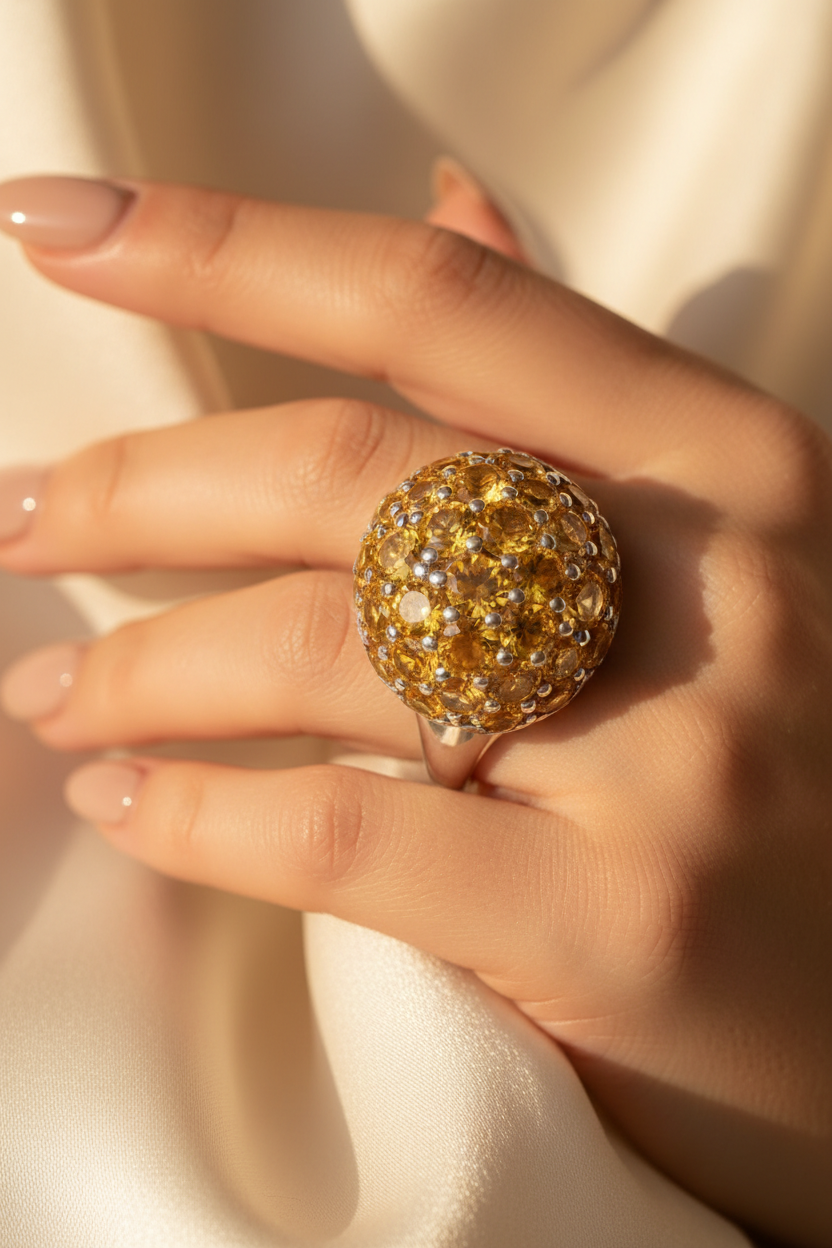 92.5 Sterling Silver Citrine Yellow Cluster Ring lifestyle editorial shot