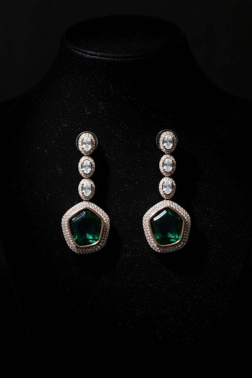 Emerald Royale AD Drop Earrings - dark velvet editorial shot