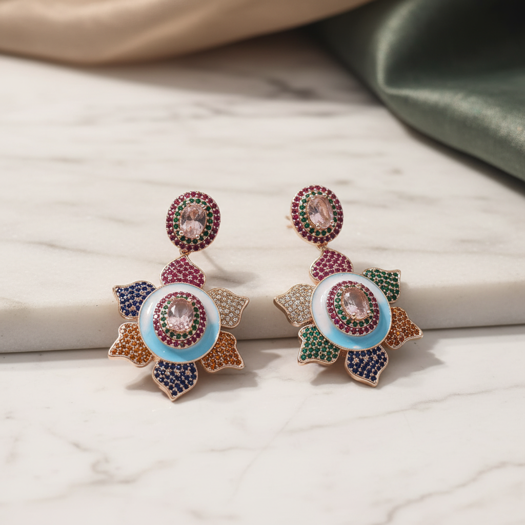 Pink Morganite Sky Blue Enamel Lotus Earrings – luxury flat lay on marble