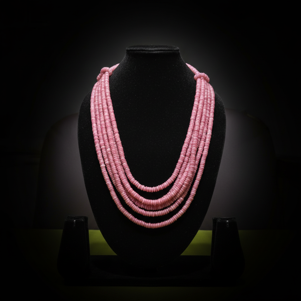 5-strand pink rondelle bead necklace on dark velvet studio display