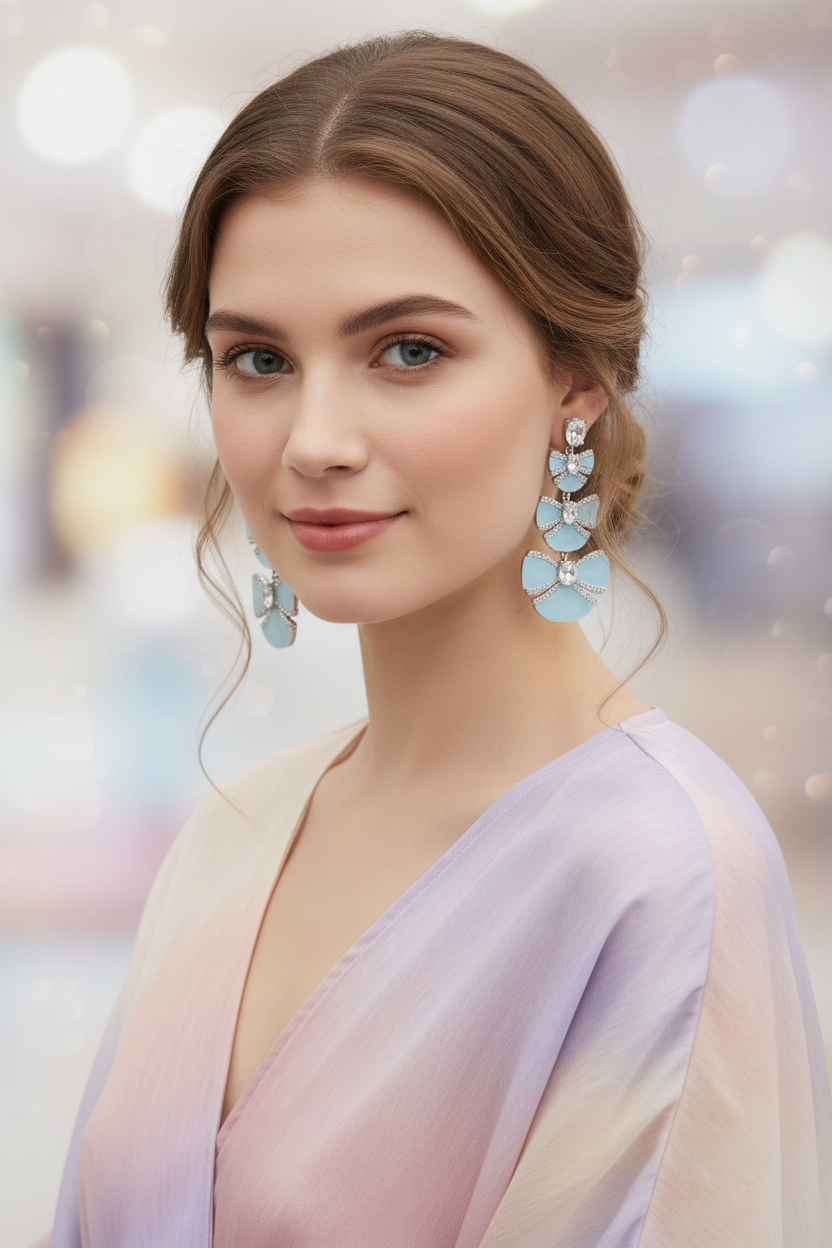 Silver CZ Triple Bow Drop Earrings – lifestyle editorial look