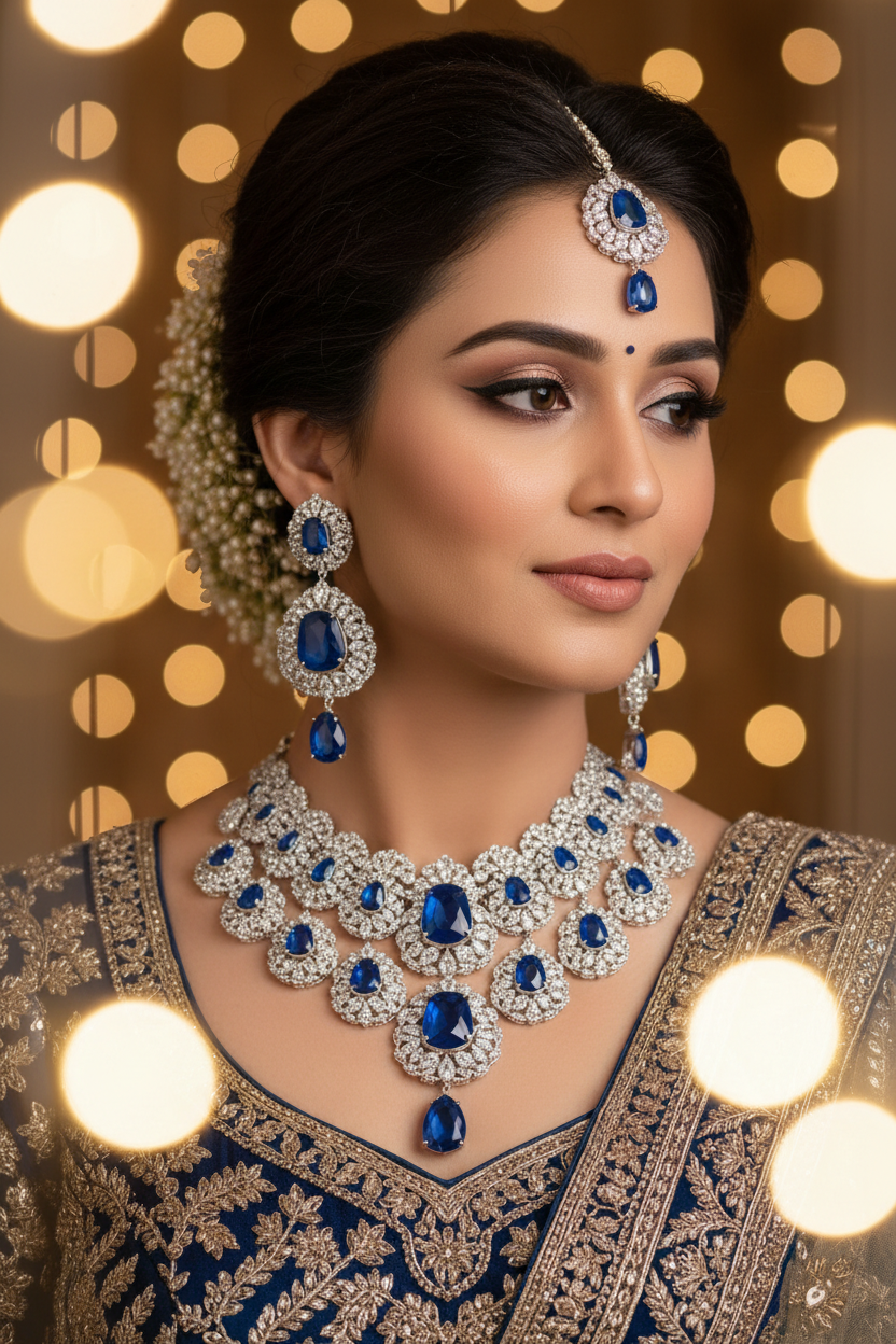Royal Blue Sapphire AD Necklace Set - Bridal Lifestyle Editorial