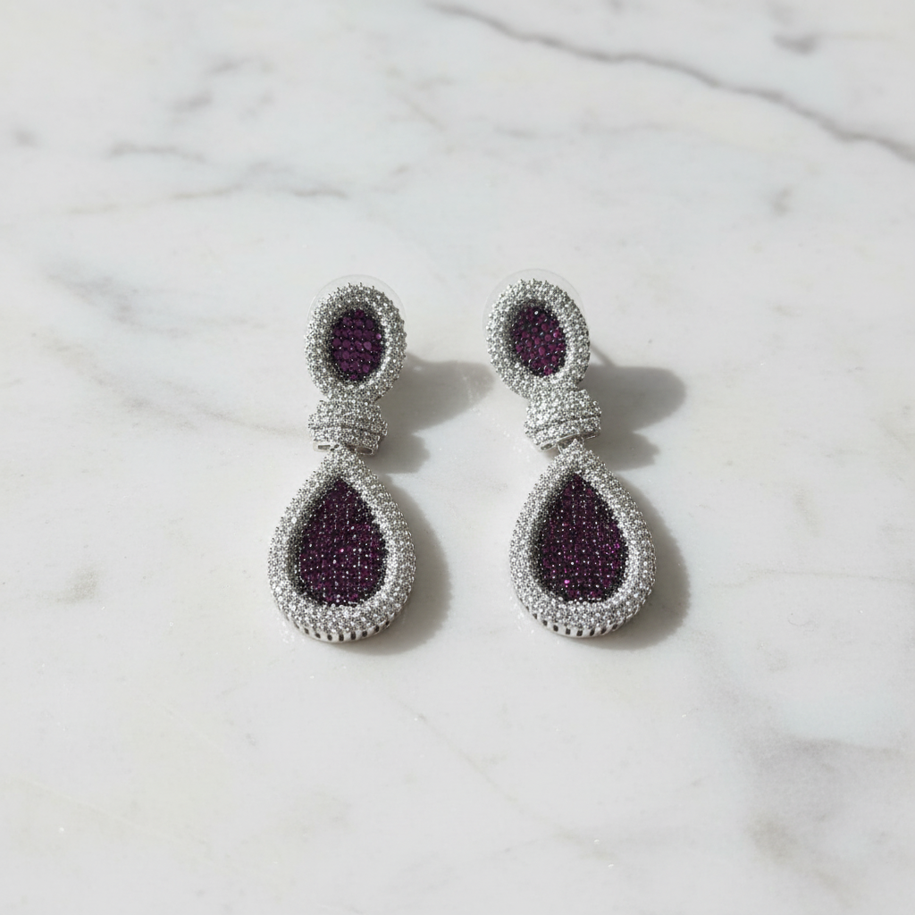 Amethyst Purple White CZ Double Teardrop Earrings – luxury flat lay on marble
