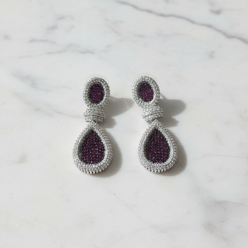 Amethyst Purple White CZ Double Teardrop Earrings – luxury flat lay on marble