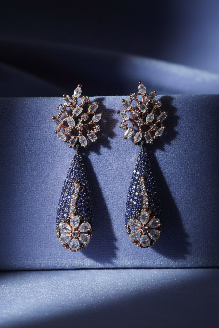 Periwinkle Blue Sapphire & Diamond Drop Earrings - editorial lifestyle shot