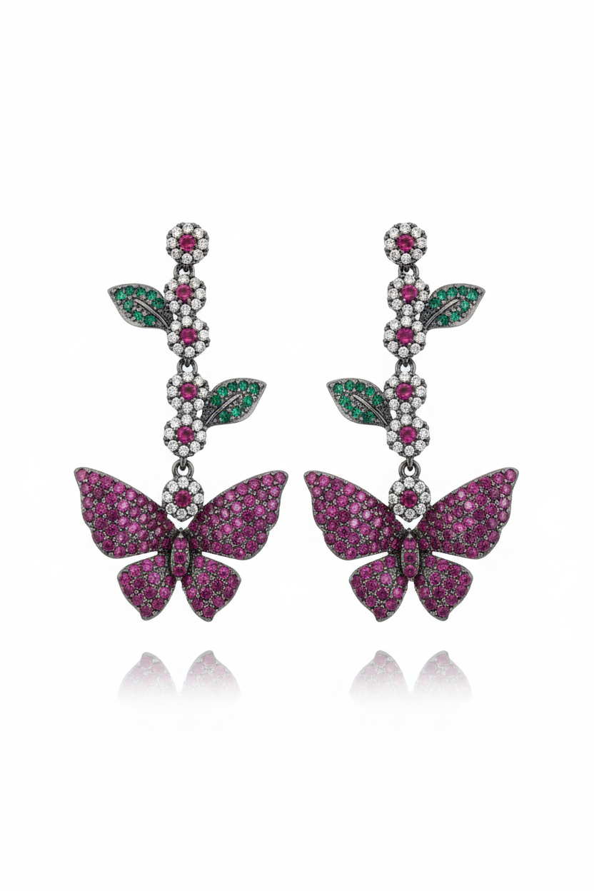 Pink Butterfly Garden Drop Earrings – white background studio promotional image