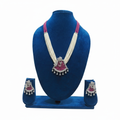 Ruby pink bead and pearl AD peacock fan pendant long necklace set on navy velvet display