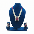 Ruby pink bead and pearl AD peacock fan pendant long necklace set on navy velvet display