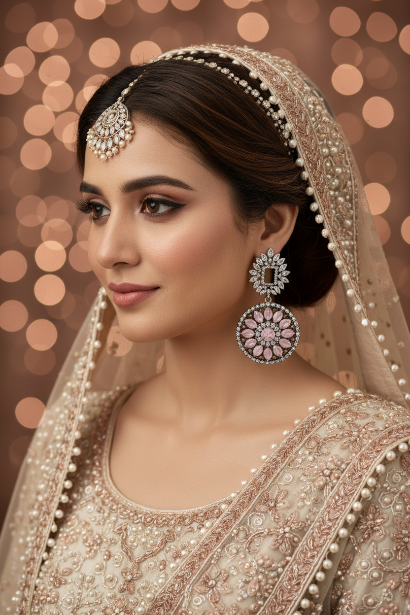 Oxidised Silver Victorian AD Blush Pink CZ Flower Disc Drop Earrings - Bridal Lifestyle Editorial