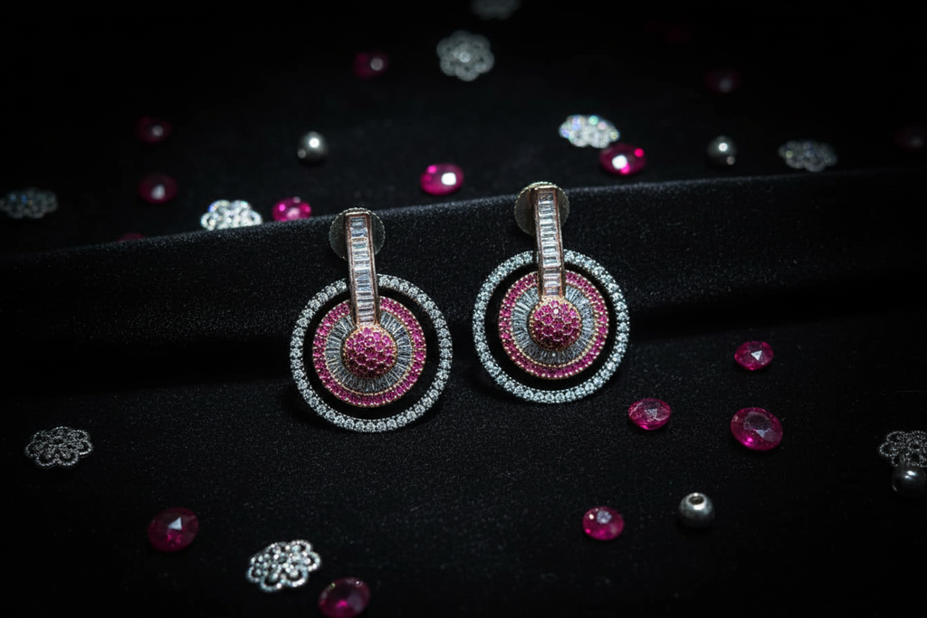 Ruby and diamond oxidised circle drop earrings flat lay on black velvet with ruby accents