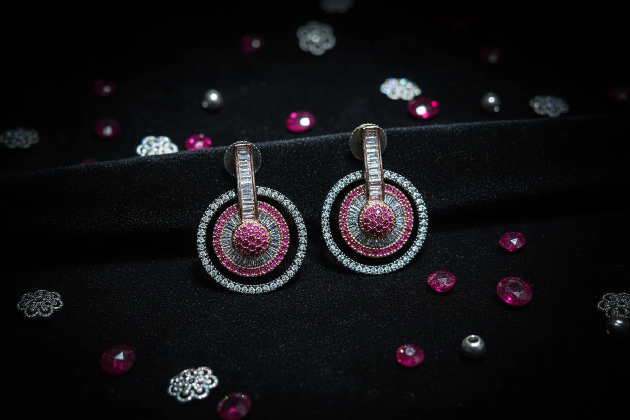 Ruby and diamond oxidised circle drop earrings flat lay on black velvet with ruby accents
