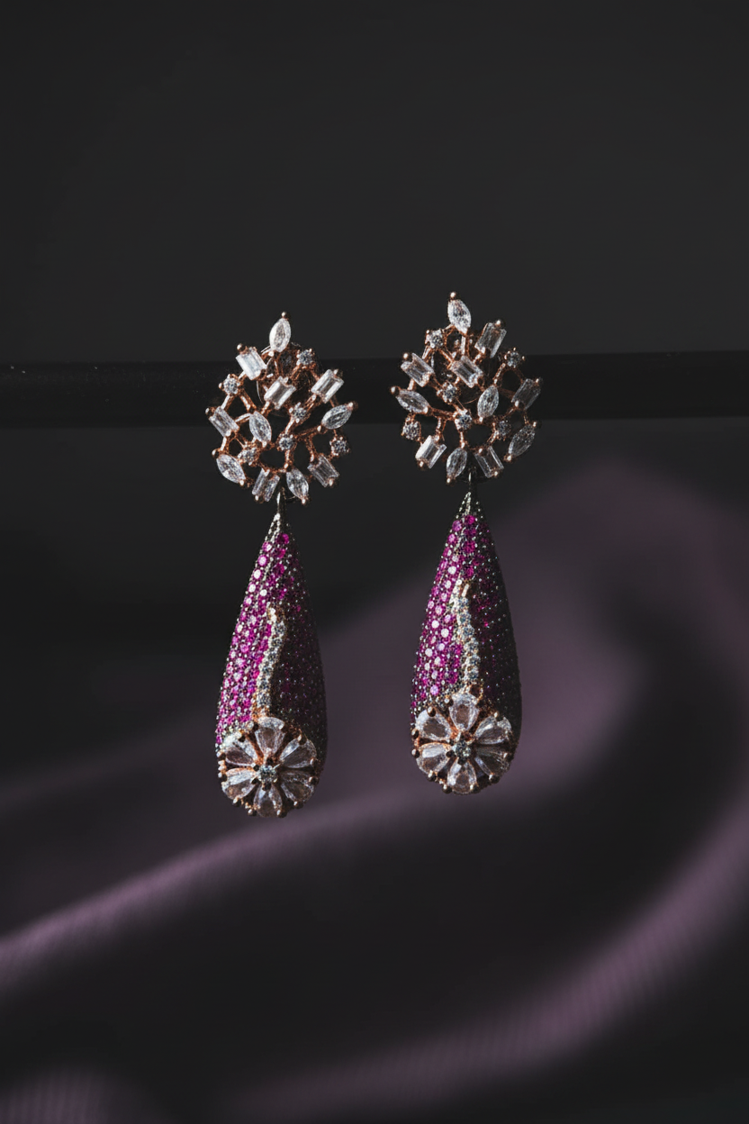 Fuchsia Ruby & Diamond Drop Earrings - editorial lifestyle shot