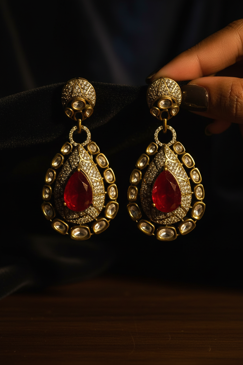 Antique Gold Kundan Ruby Polki Drop Earrings - editorial heritage lifestyle shot