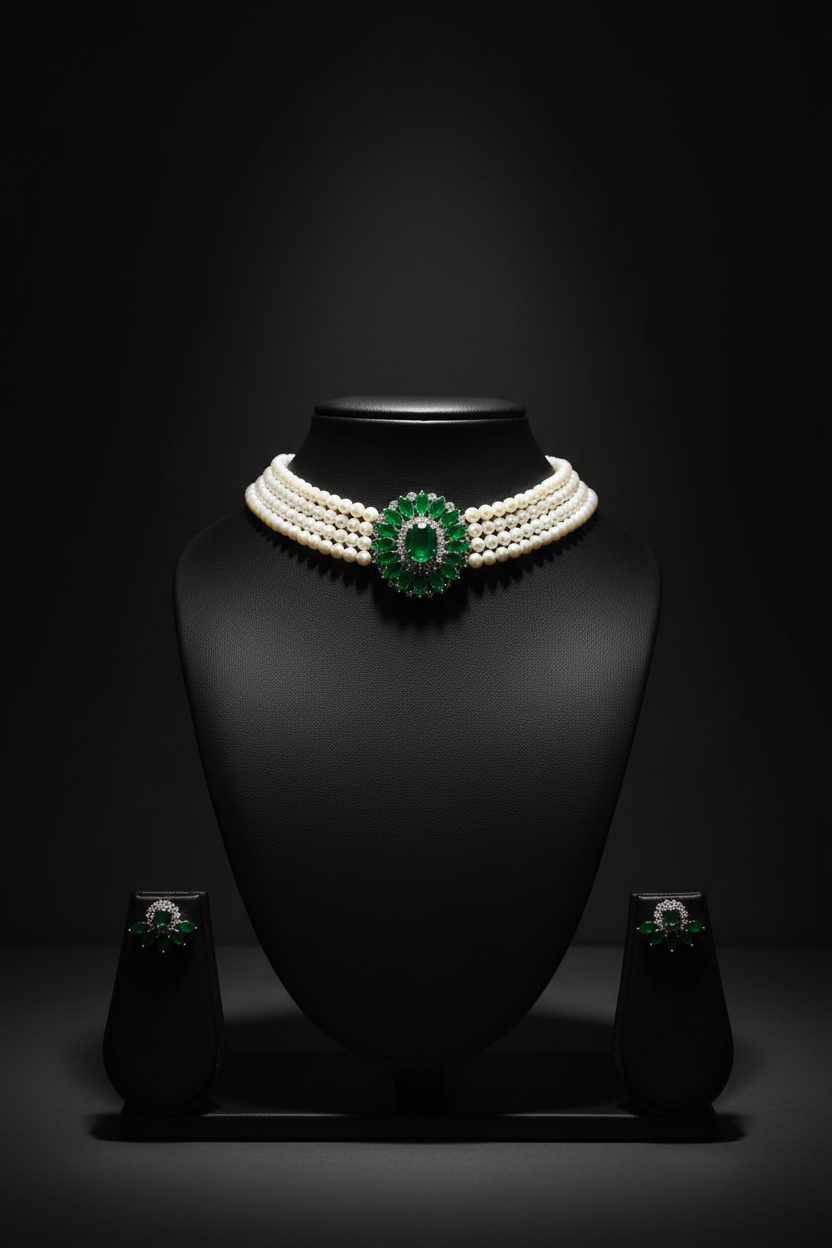 3-strand seed pearl choker with emerald floral AD centrepiece on dark velvet studio display