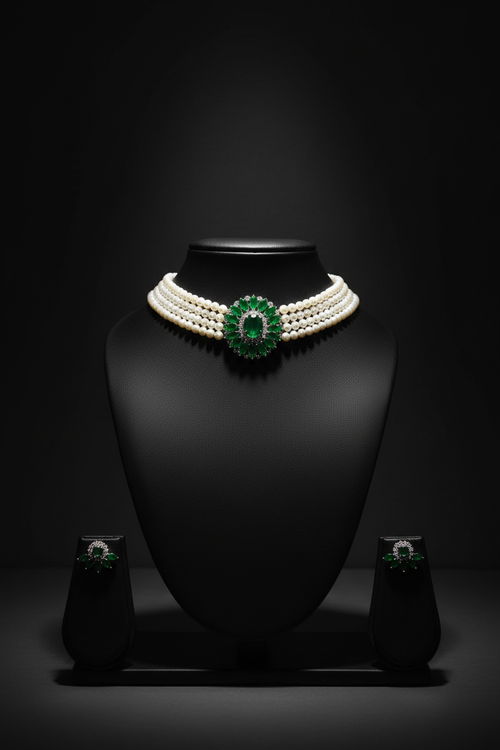 3-strand seed pearl choker with emerald floral AD centrepiece on dark velvet studio display