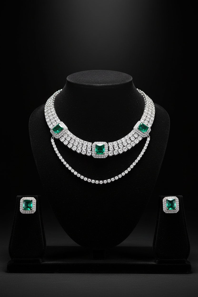 White AD tennis necklace with emerald stations and earrings on dark velvet studio display