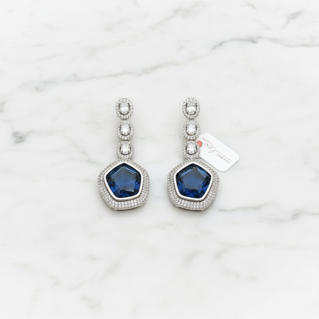 Oxidised Silver AD Navy Blue Pentagon CZ Drop Earrings - Studio Promotional Shot