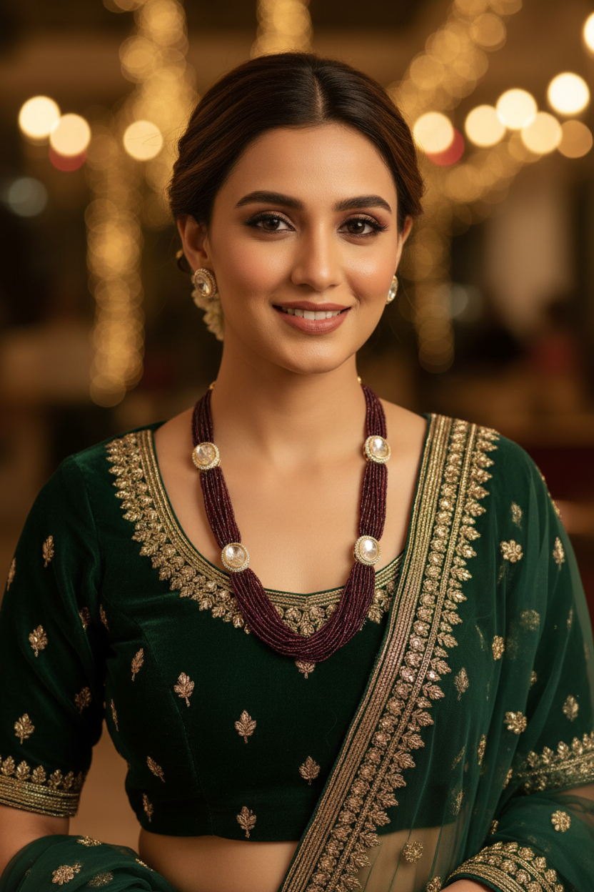 Garnet Bead Polki Necklace Set - Festive Lifestyle