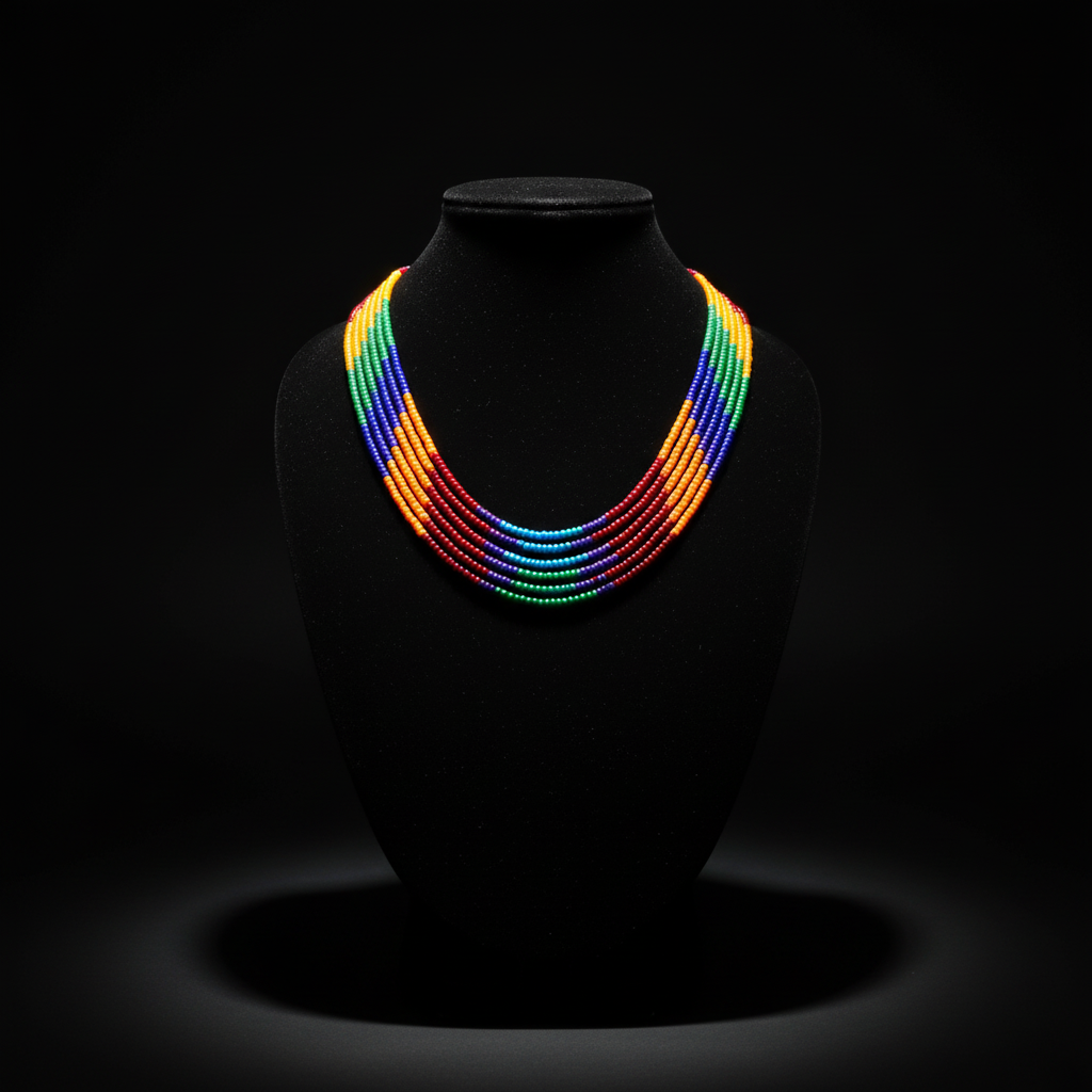 Rainbow seed bead necklace on dark velvet studio display