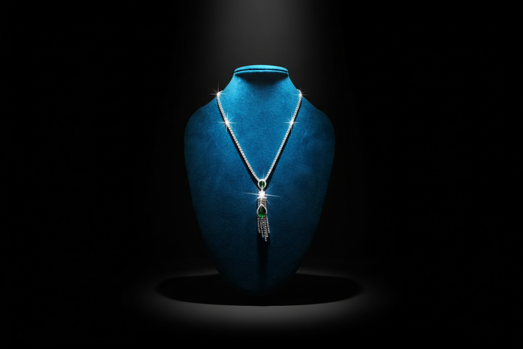 Emerald AD chain necklace promotional banner on black background