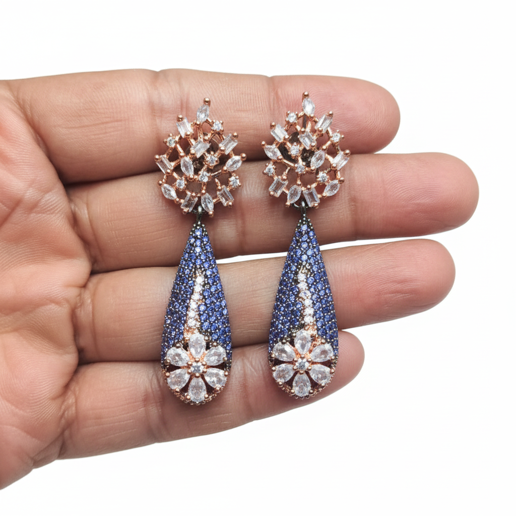 Periwinkle Blue Sapphire & Diamond Drop Earrings - white background studio shot