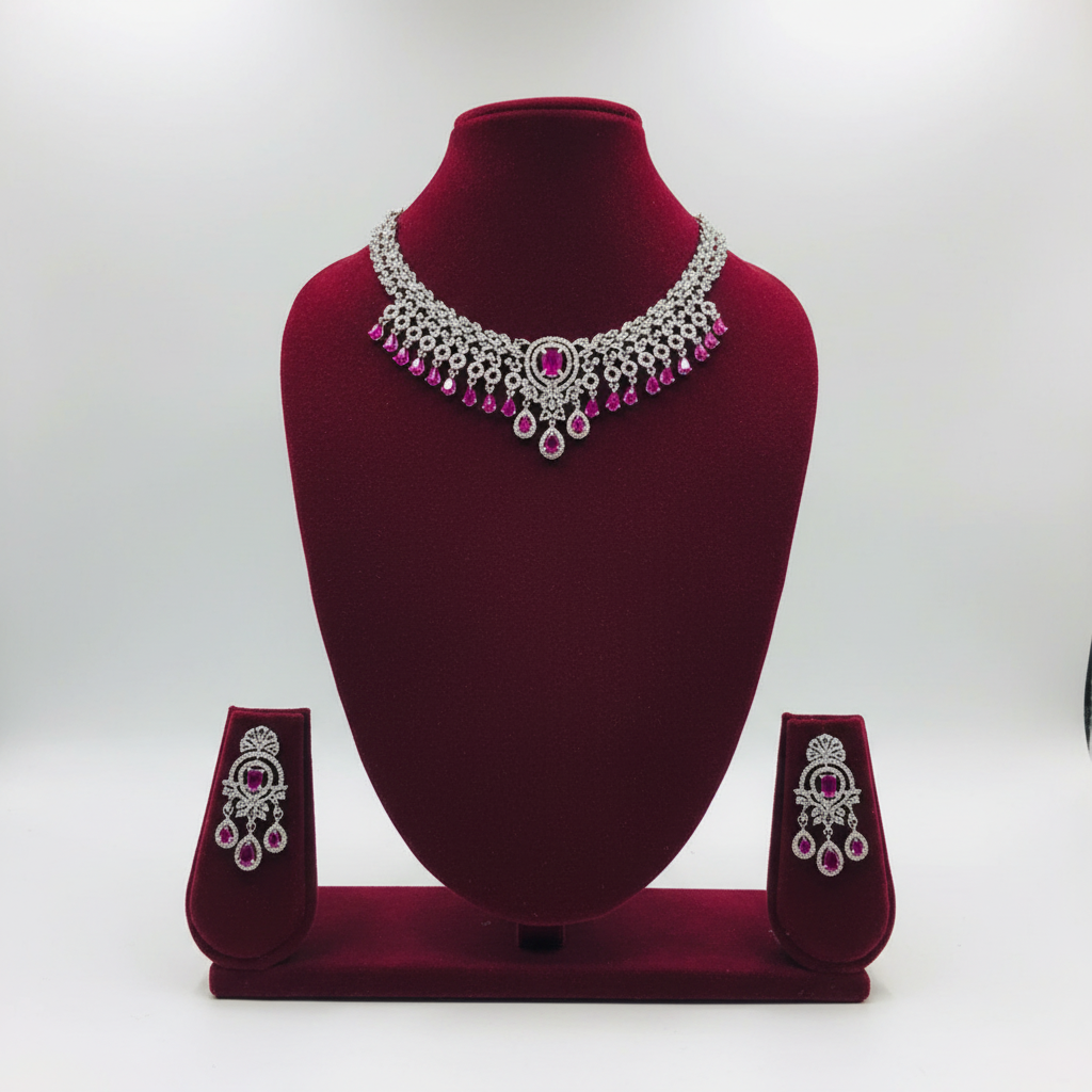 Fuchsia pink AD floral fringe choker set on burgundy velvet display