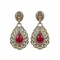 Antique Gold Kundan Ruby Polki Drop Earrings - white background studio shot