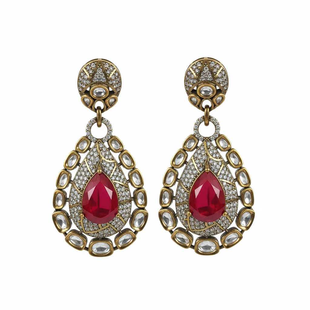 Antique Gold Kundan Ruby Polki Drop Earrings - white background studio shot