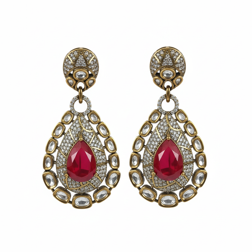 Antique Gold Kundan Ruby Polki Drop Earrings - white background studio shot
