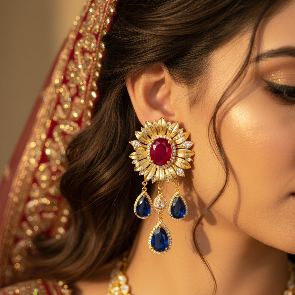 Gold AD Ruby Red CZ Oval Earrings Style II - Ear Detail Editorial