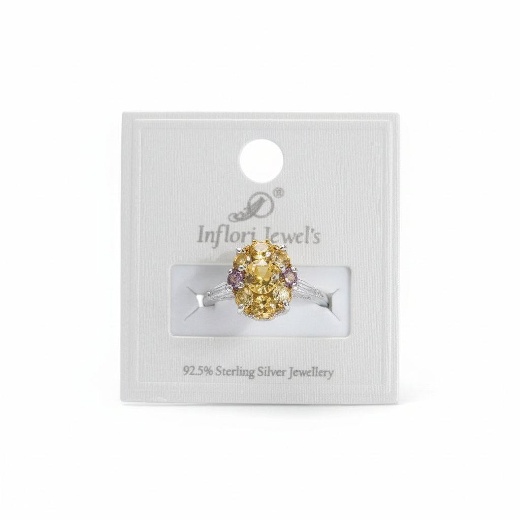 92.5 Sterling Silver Citrine Yellow Cluster Ring studio product shot