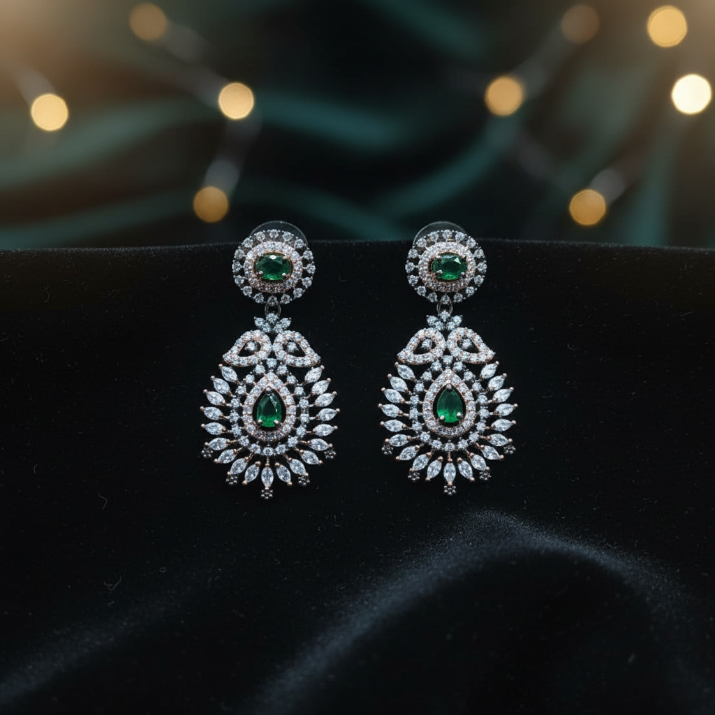 Emerald chandelier drop earrings on black velvet editorial flat lay