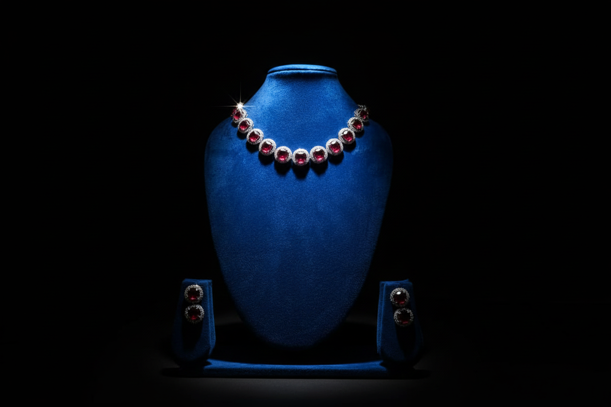 Ruby round halo AD necklace set promotional banner on black background