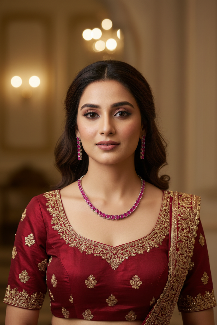 Bridal lifestyle — model wearing ruby pink oval AD graduated tennis necklace set with linear stud earrings