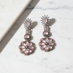 Oxidised Silver Victorian AD Blush Pink CZ Flower Disc Drop Earrings - Studio Promotional Shot