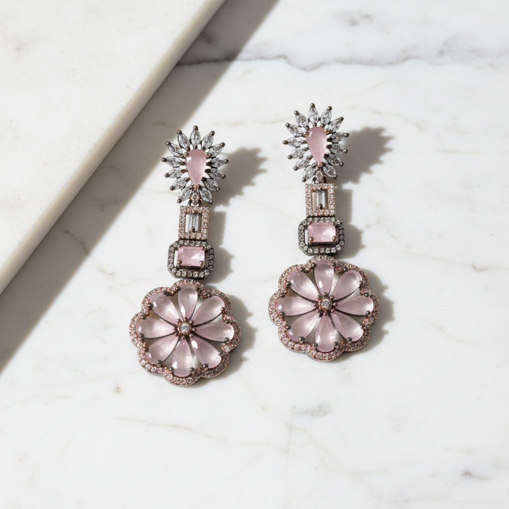 Oxidised Silver Victorian AD Blush Pink CZ Flower Disc Drop Earrings - Studio Promotional Shot